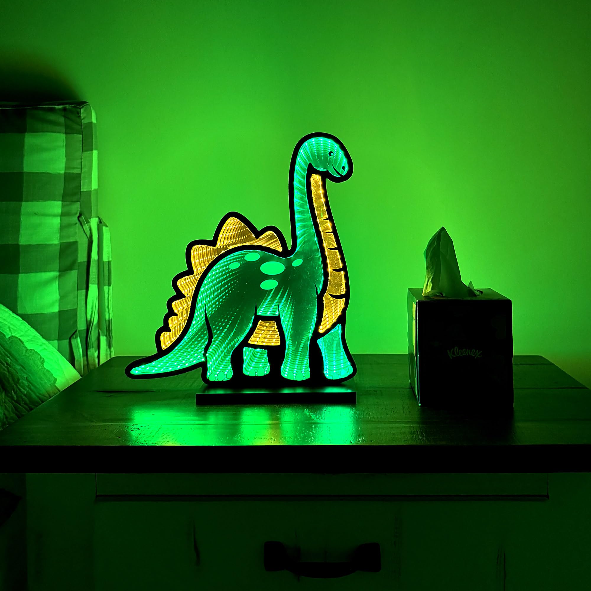 Elumina Decor - Dinosaur Infinity Mirror Night Light - LED Dinosaur Nightlight for Kids - USB-Powered with Dimmer Switch - 3D LED Infinity Light - Bedroom Decor for Boys, Girls & Teens - 12