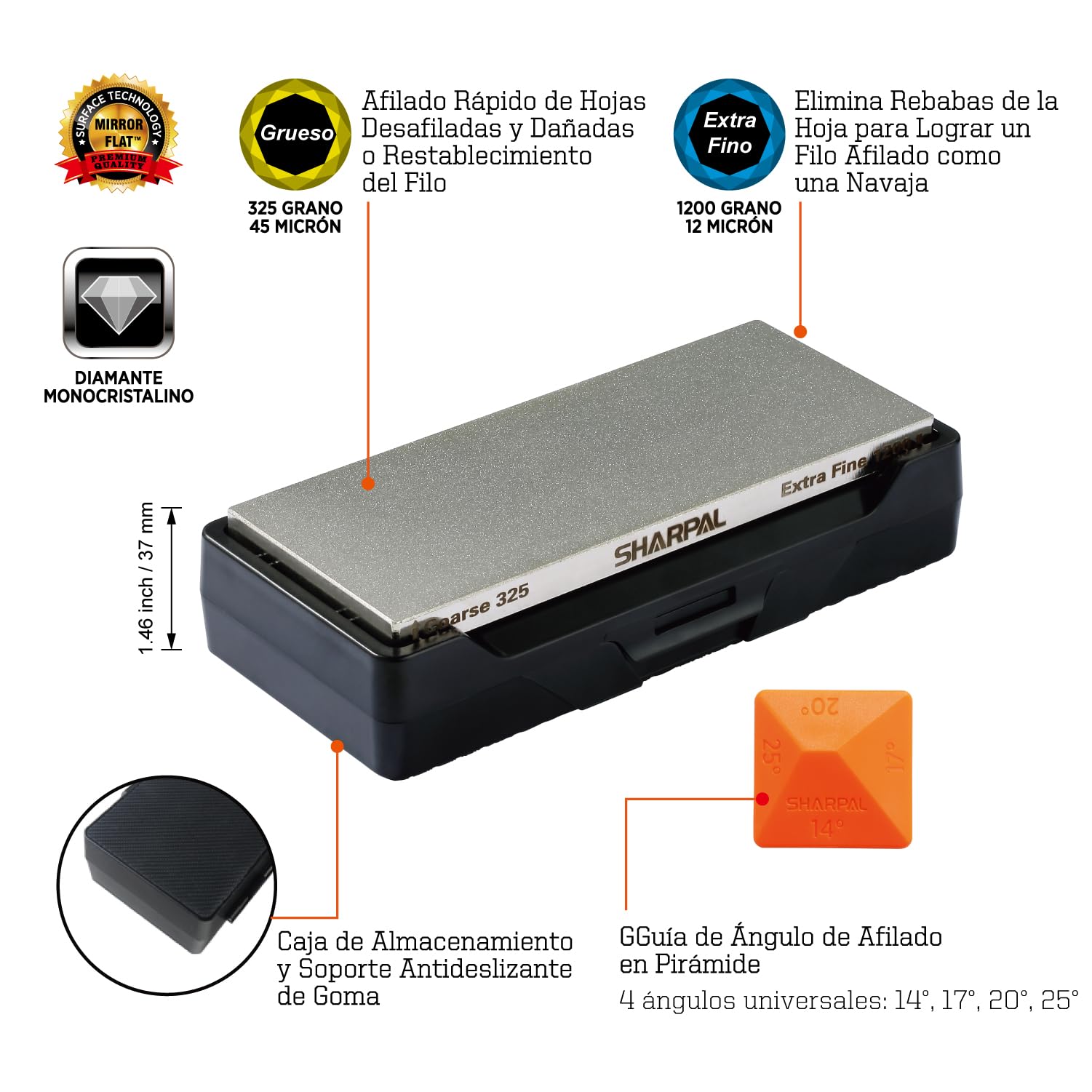 SHARPAL 156N Afilador con piedra de diamante para cuchillos, grano 325/1200, base antideslizante, guía de ángulo 152x63mm