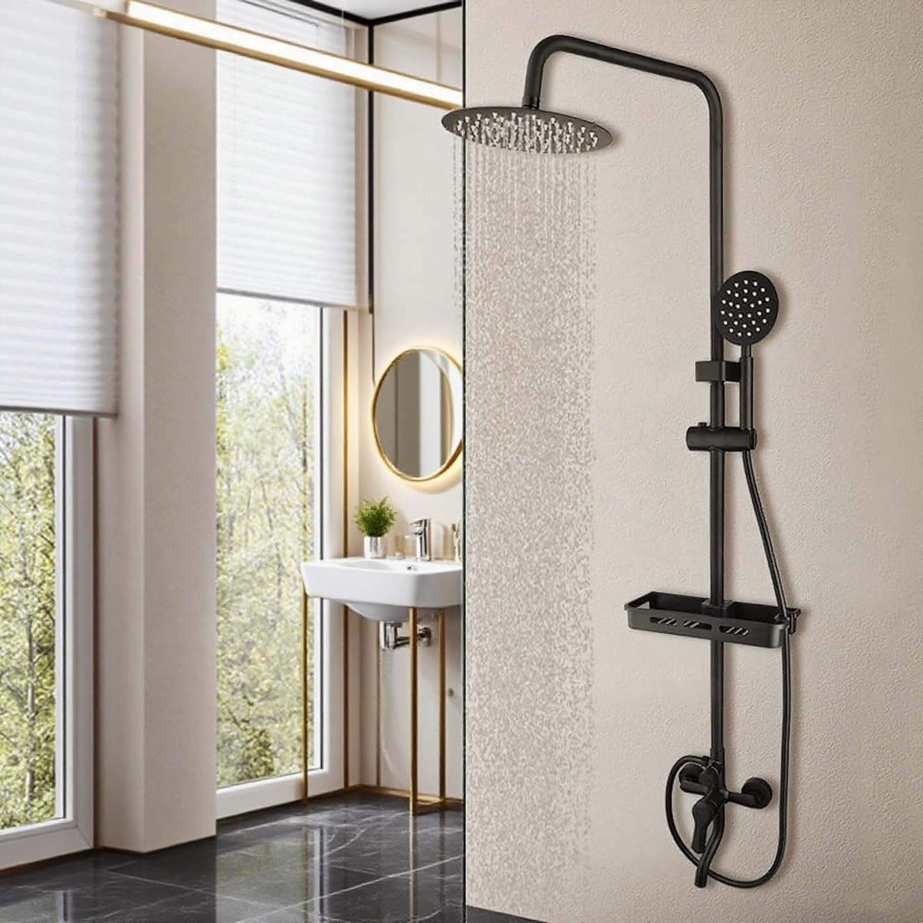 Exposed Shower System Matte Black Outdoor Shower Fixture 8 Inch Rainfall Shower Head 3 Function Stainless Steel Bathroom Wall Mount Shower Faucet Set with Handheld Sprayer and Tub Spout