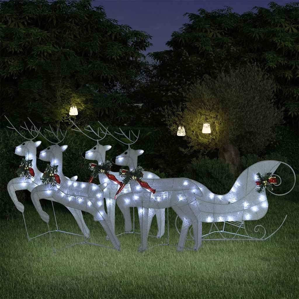 HaoChrymec Renne natalizie con slitta a 100 LED, bianco, set da 5 pezzi
