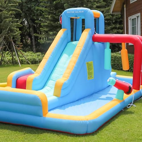 Miniatura 8 de Doctor Dolphin Toboganes acuáticos inflables, casa de rebote de agua con tobogán acuático para niños, parque acuático inflable para patio trasero,