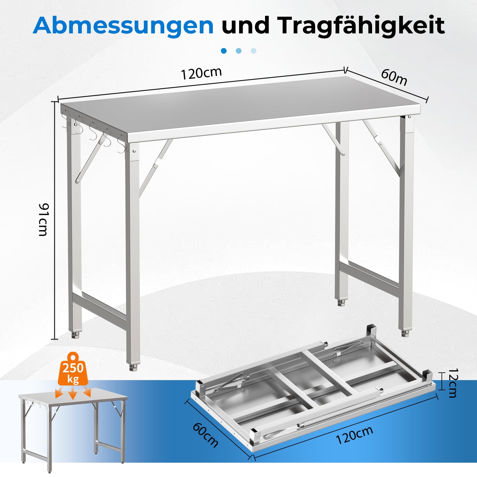 TLSUNNY Edelstahl Arbeitstisch Klappbar 120x60 cm, Edelstahl Klapptisch Outdoor mit 5 Haken, Höhenverstellbare Füße, Tragkraft 250kg, Gastro Küchentisch Grilltisch, Zubereitungstisch, Tisch für Küche