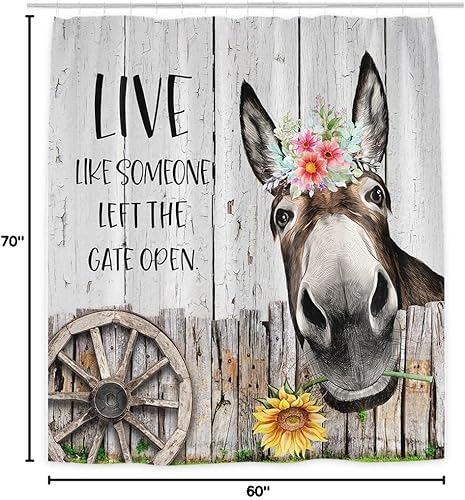 Miniatura 6 de Divertido juego de cortinas de ducha de burro, diseño rústico, diseño de girasol, palabras inspiradoras, tablones de madera, puerta de granero,