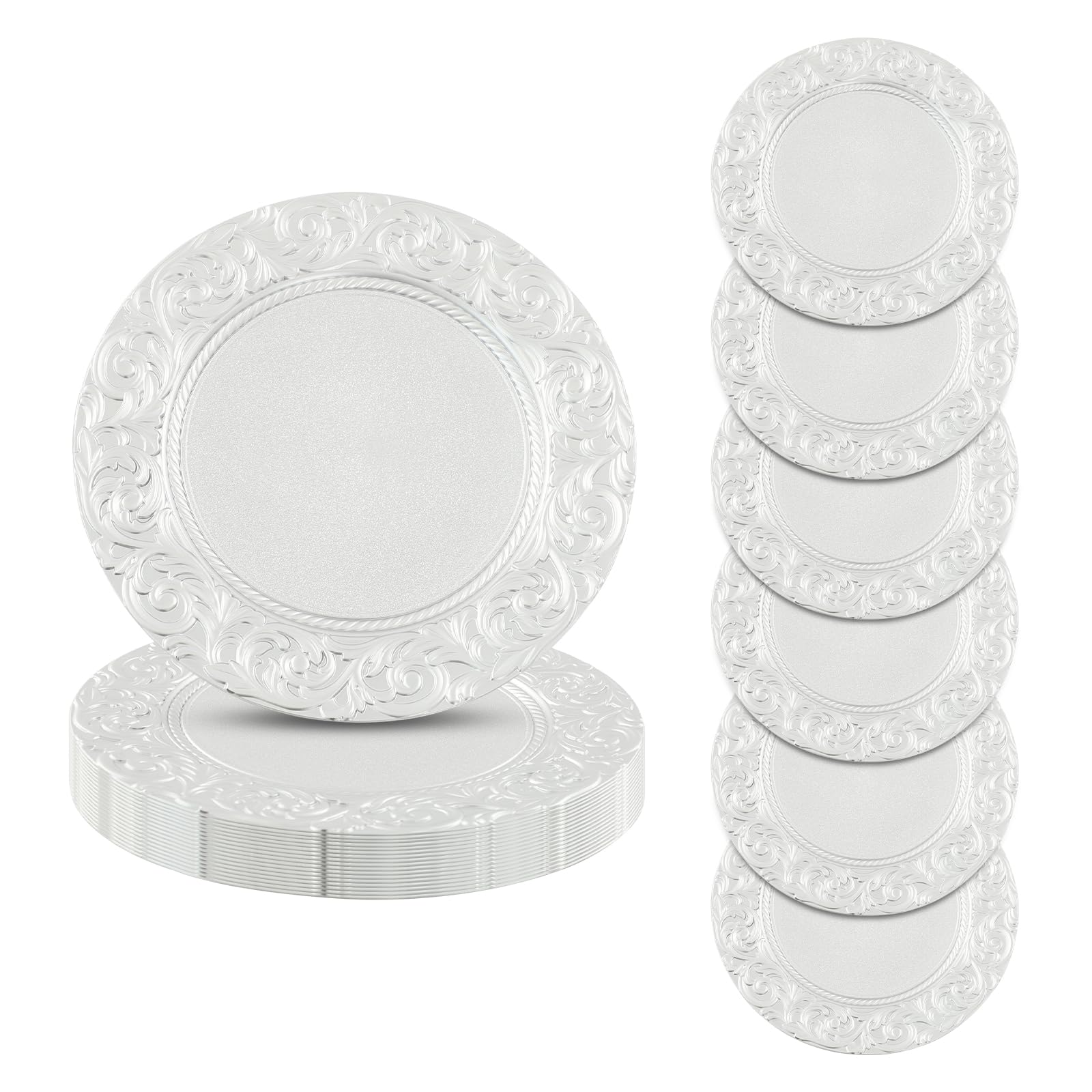 Set di 24 piatti grandi, diametro 33 cm, con bordo decorato, riutilizzabili, per feste, buffet, Natale, matrimoni, catering, grigliate e ristoranti (argento)