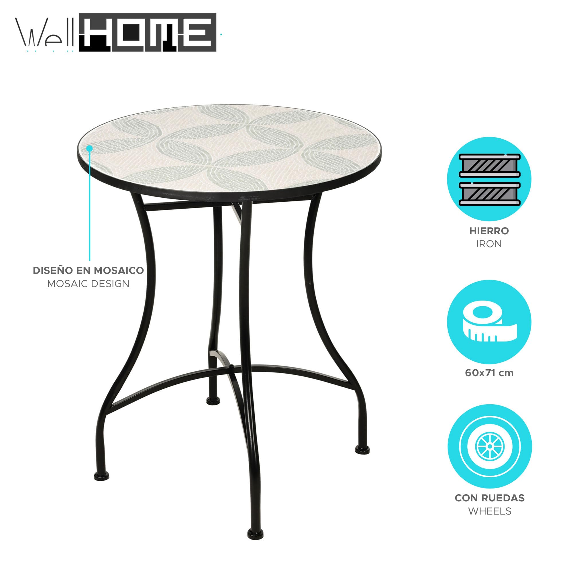 Well Home Mesa de Bistró con Diseño de Mosaico 60x71cm, Tubo de Hierro y Placa de Creme y Verde Salvía