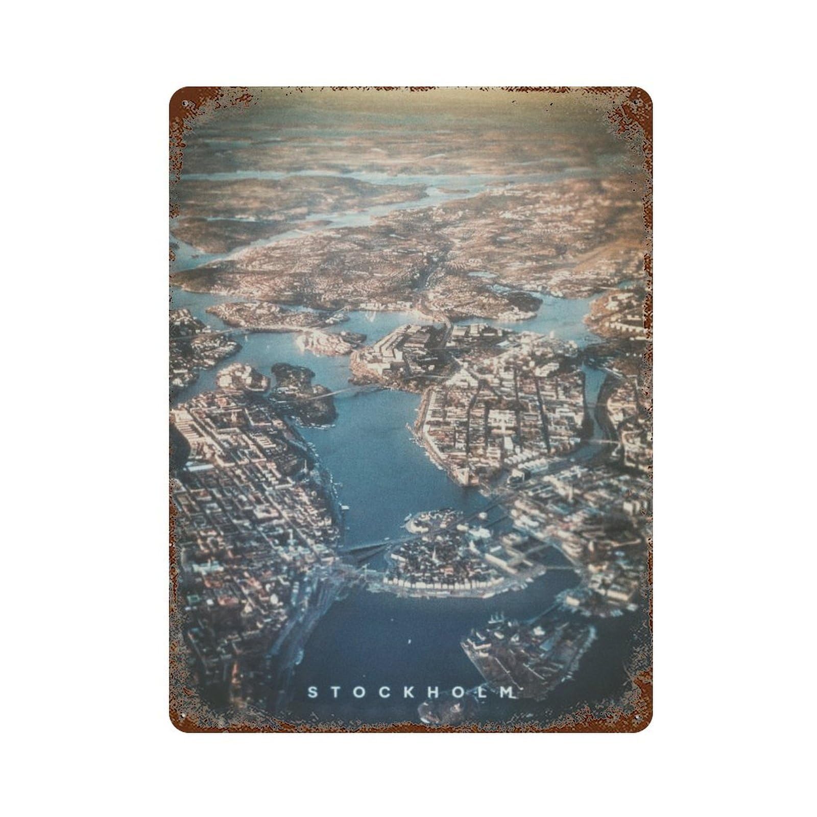 Distressed Metal Wall Sign Stockholm 15.7"x11.8", Vintage Wall Decor for Cafe, Home Bar And Lounge Decor