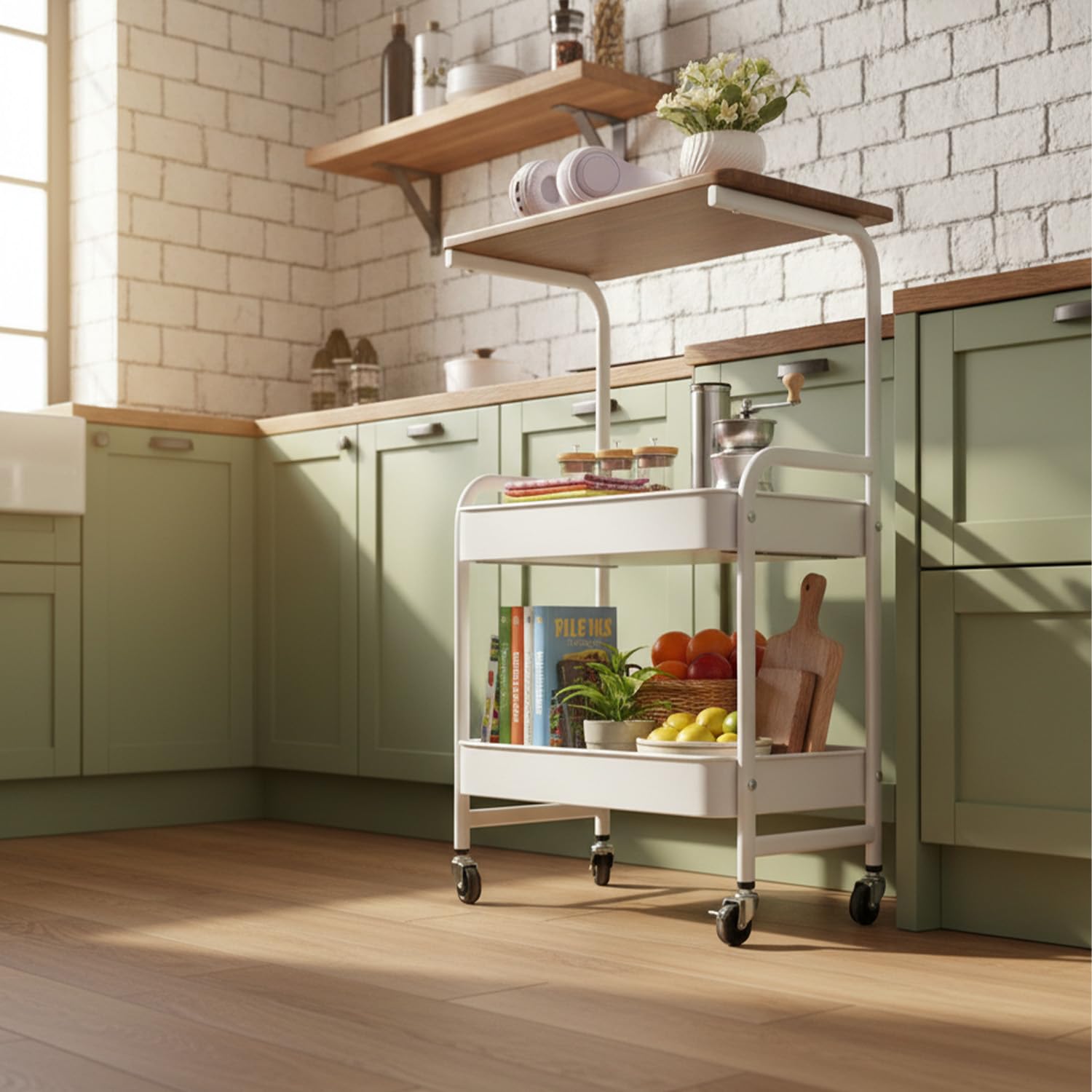 Avilia - Carrello Cucina Multiuso a 2 Ripiani in Metallo e Legno - Mobile Salvaspazio con 4 Ruote Girevoli a 360° - Organizer Portatutto per Casa, Ufficio e Bagno - 77x43x30 cm - Industrial