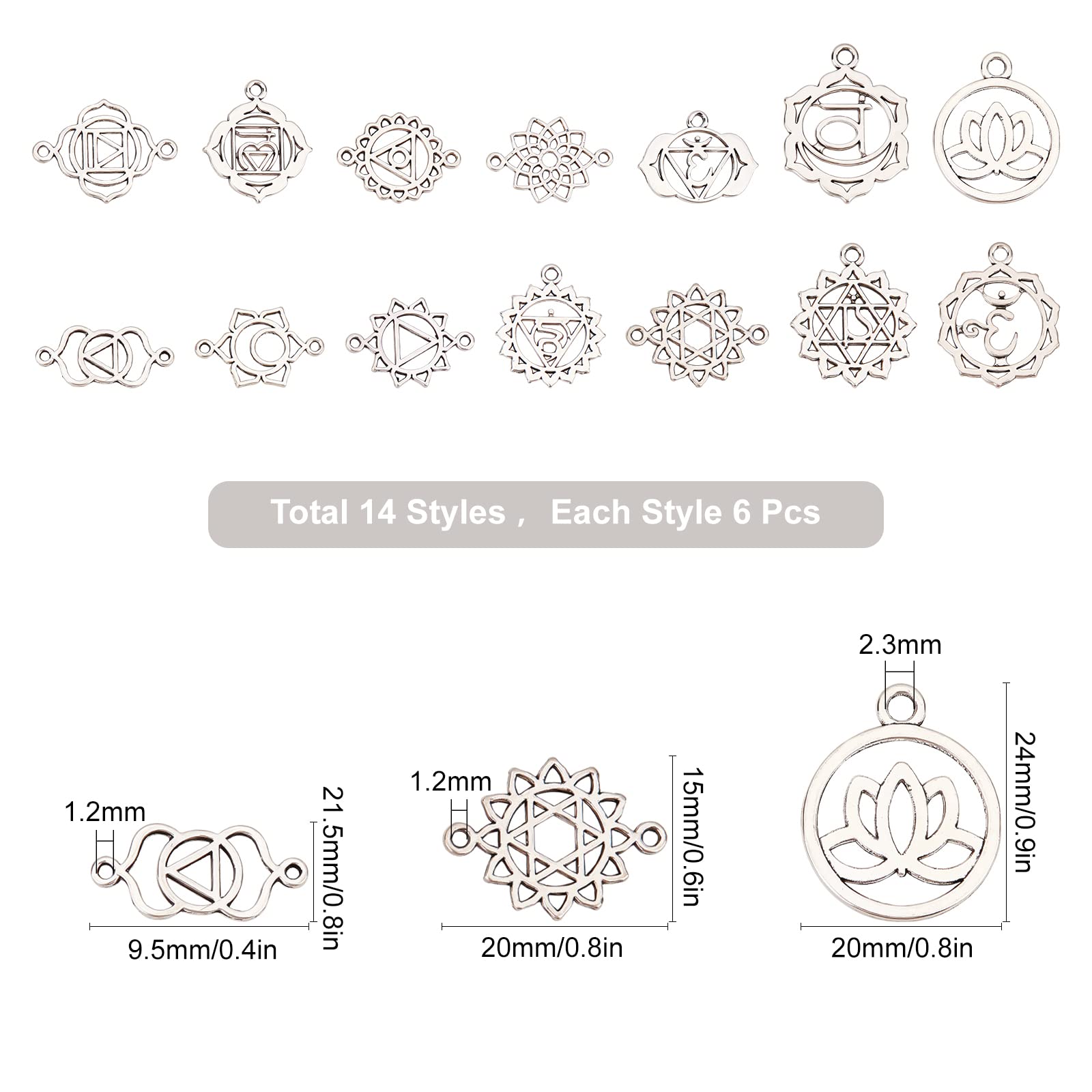 SUNNYCLUE Kit Ciondoli Chakra 84 Pezzi – 14 Stili Tibetani E Indiani In Lega Color Argento Antico, Per Gioielli Fai Da Te, Collane E Bracciali