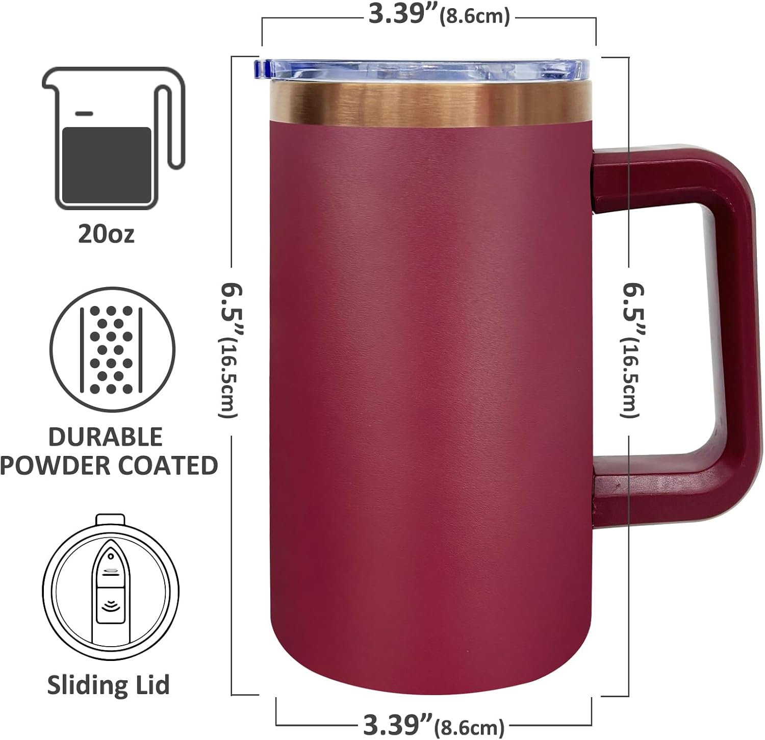 20 oz Insulated Coffee Mug with Lid, Stainless Steel Coffee Tumbler Bulk, Double Wall Vacuum Travel Mug with Handle, Leakproof Powder Coated Coffee Cups for Hot and Cold Drinks (Red,8 pack)
