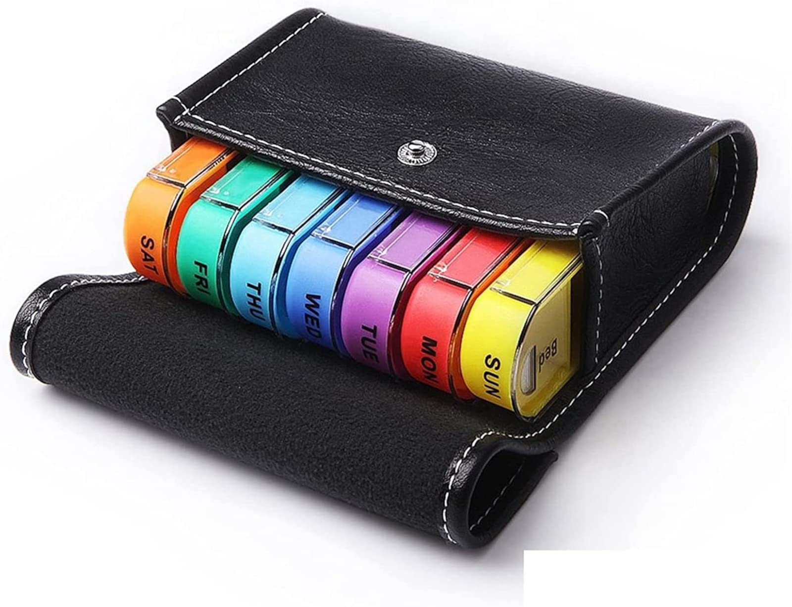 EWANTO 50 x pudełko na tabletki, pudełko na lekarstwa, w kolorze czarnym, wegańskiej skóry, etui 7 dni, 28 przegródek, 7 wyjmowanych pudełek dziennych, wielokolorowe pudełko na tabletki