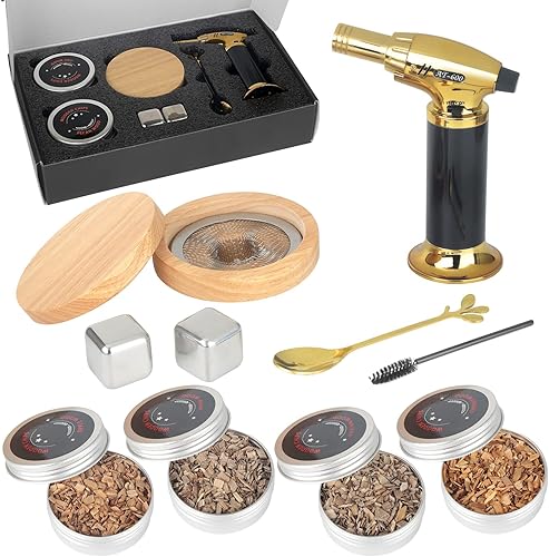 Vadeture Kit de ahumador de cóctel con antorcha y 4 diferentes chips de madera y piedra de vino de hielo para cóctel whisky vino bourbon queso carne