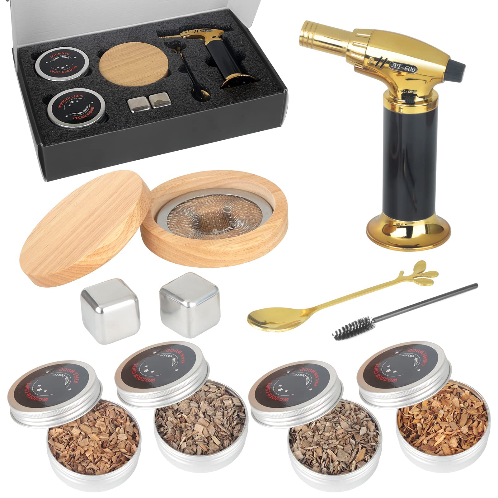 Vadeture Cocktail Smoker Kit with Torch and 4 Different Wood Chips and Ice Wine Stone for Cocktail, Whiskey, Wine, Bourbon, Cheese, Meat, Whiskey Gifts for Men, Friends, Husband, Dad, Boy Friend
