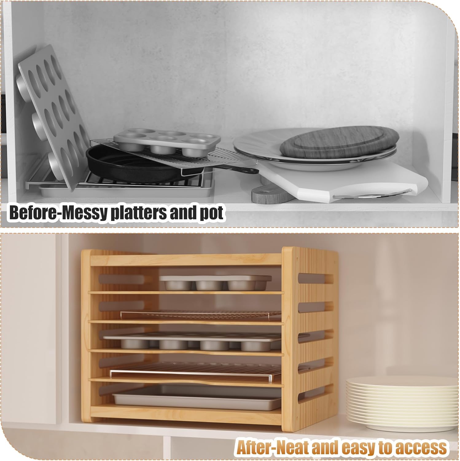6 Tier Wooden Tray Dividers for Cabinets, Kitchen Vertical Cookie Sheet Organizer, Baking Trays Storage Rack for Baking Pans, Cutting Board
