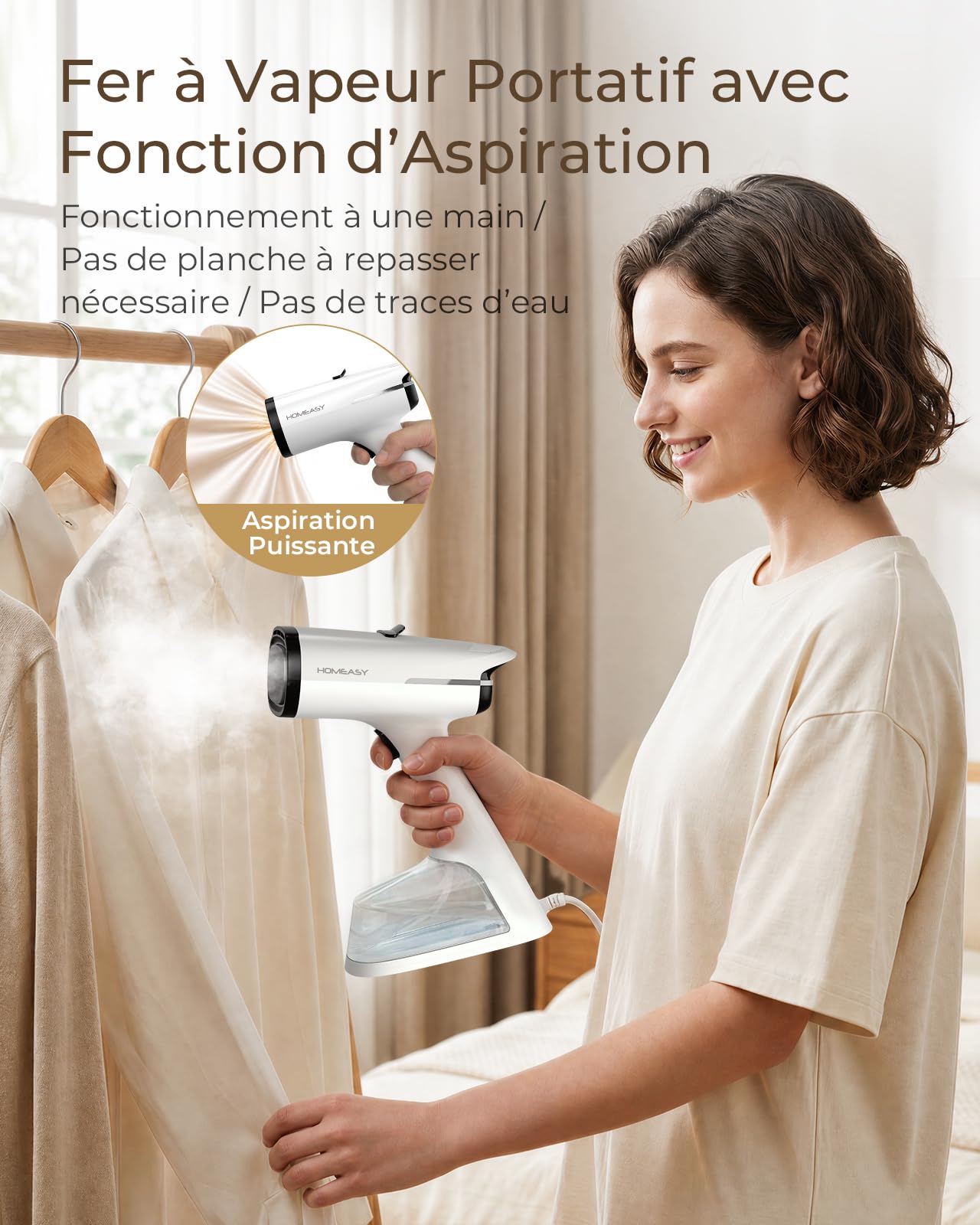 HOMEASY Défroisseur Vêtement à Main avec Aspiration 6000Pa, 1500W | Vapeur E22, Réservoir 270ml, 2 Niveaux, Préchauffe 25s, Sans Planche, Maison et Voyage