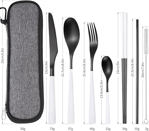 Miniatura 2 de AARAINBOW Juego de cubiertos de viaje de acero inoxidable, 7 piezas, portátil, reutilizable, incluye palillos, cuchillo, tenedor, cuchara, pajitas,