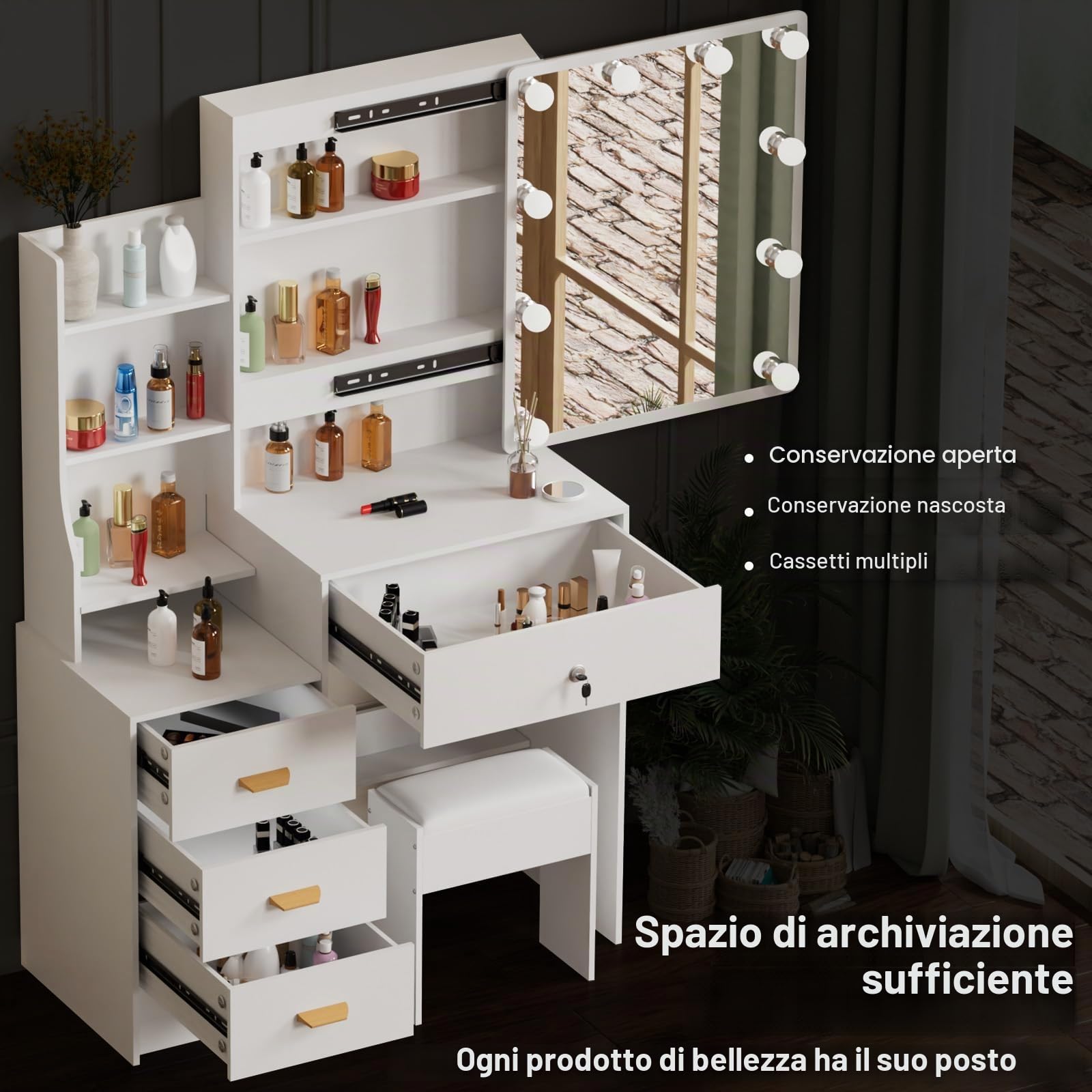Toeletta da Trucco con Luci LED Hollywood, Tavolo da Trucco con Specchio e Sgabello, Tavolo da Trucco con 6 Cassetti e 6 Ripiani, Postazione Make-up Moderna 80x36x131cm