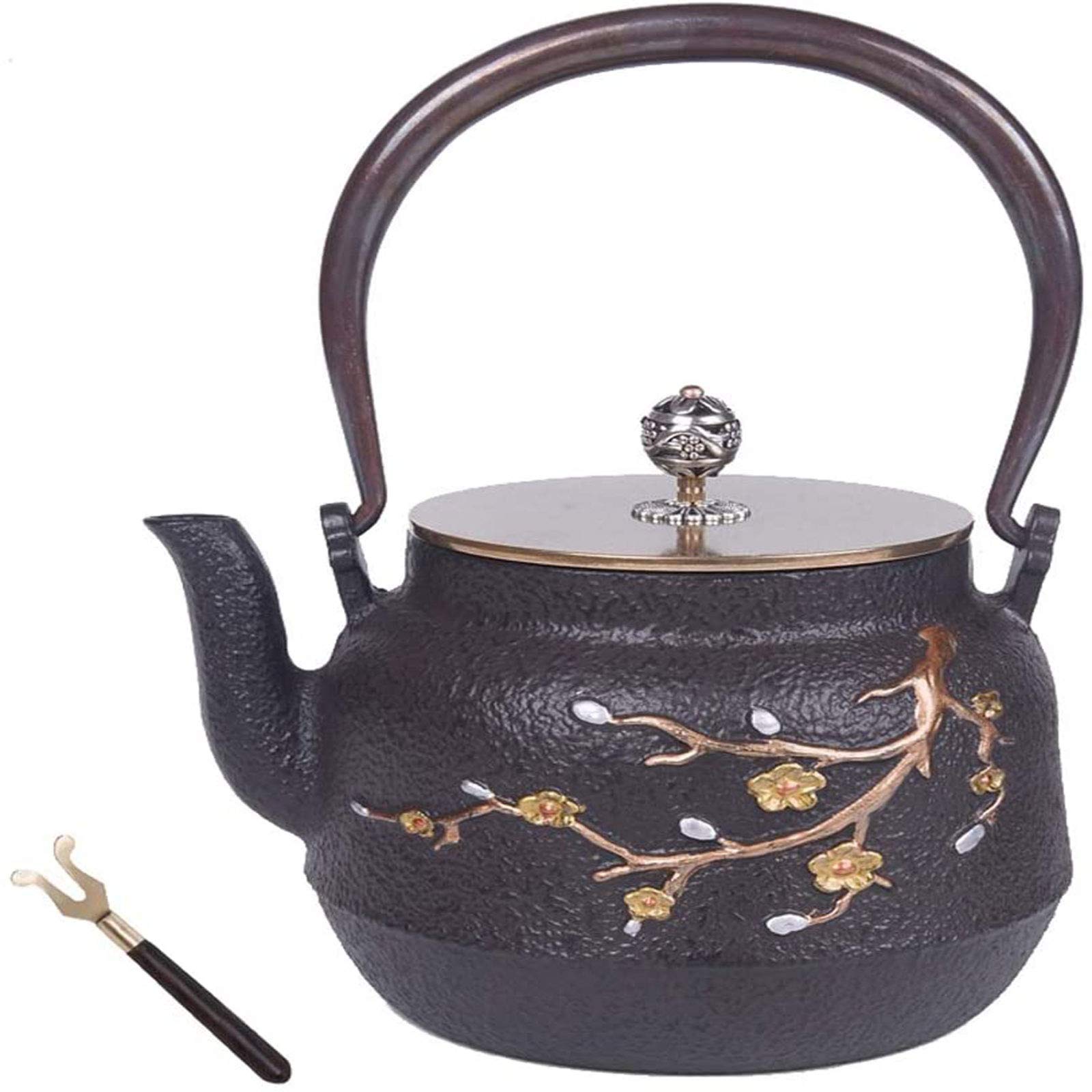 MGEMJMJ 1200ml Japanese Cast Iron Teapots Tetsubin Tea Kettle Set With Pure Copper Pot Lid And Handle, For Loose Leaf Tea And Teabags, Plum Blossom Pattern, Black
