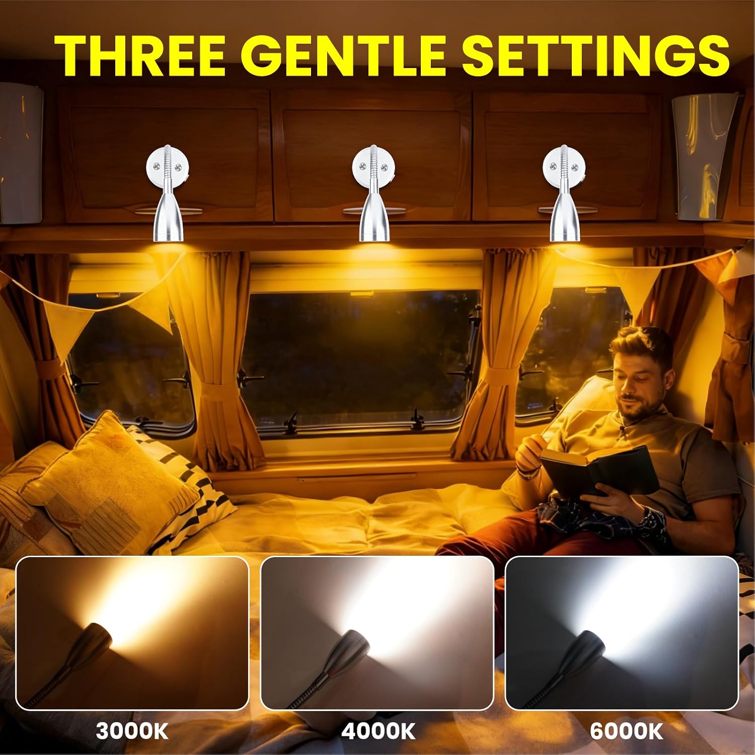 2 Pack 12V RV Reading Light with USB,RV Dimmable Reading Lamp with USB Charger 12 Volt Flexible Neck Light for Boat Camper Van Trailer Interior Lighting