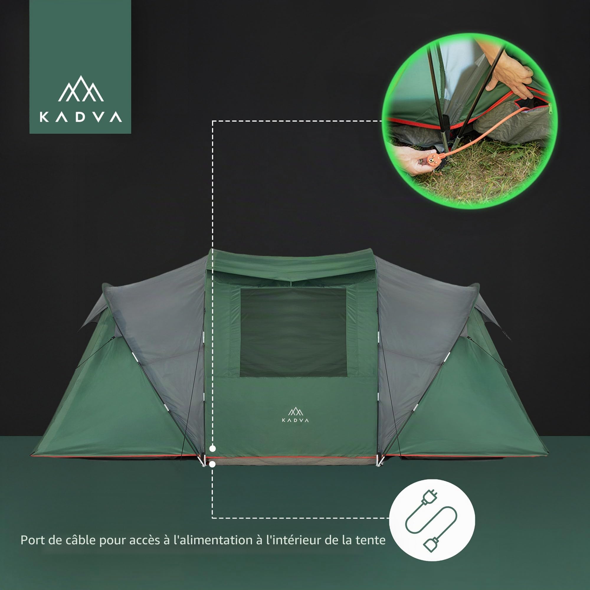KADVA Tente Kavio 4.2 | Tente pour 4 Personnes avec 2 Chambres à Coucher | Grande entrée avec éclairage | Étanchéité 2000 mm | Moustiquaire | Cadre extérieur Stable | Compact (68 × 30 cm, 11,96 kg)