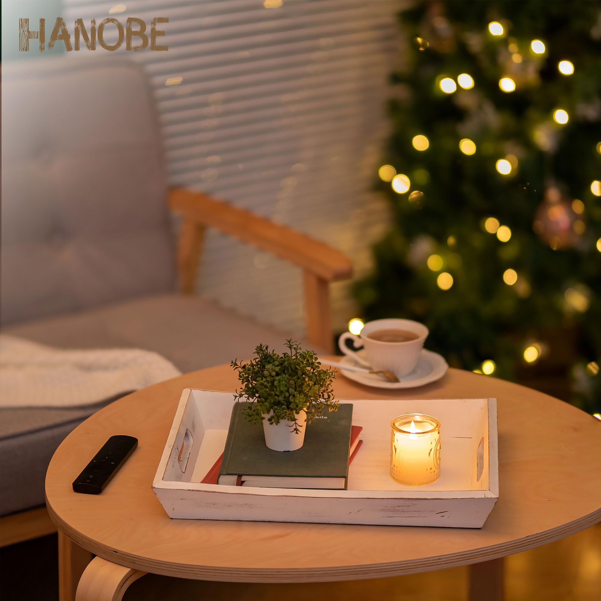 Hanobe Decorative Wooden Serving Tray: Rustic Wood Ottoman Trays for Coffee Table Rectangular Tray with Handles for Living Room Kitchen Home Decor, White
