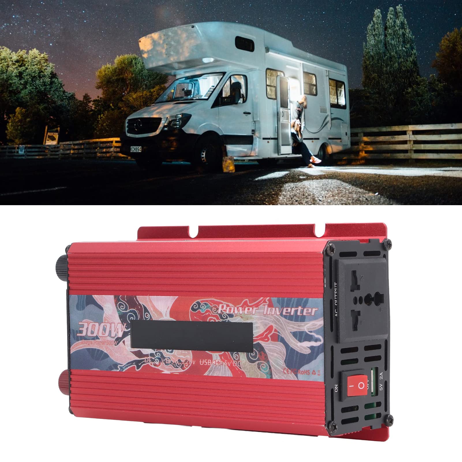 Samochodowy Przetwornica Napięcia 300 W Przetwornica Sinusoidalna ze Stopu Aluminium DC 12 V na AC 220 V z Wyświetlaczem LCD USB 2 A i Wentylatorem Chłodzącym do Podróży Samochodem Kemping