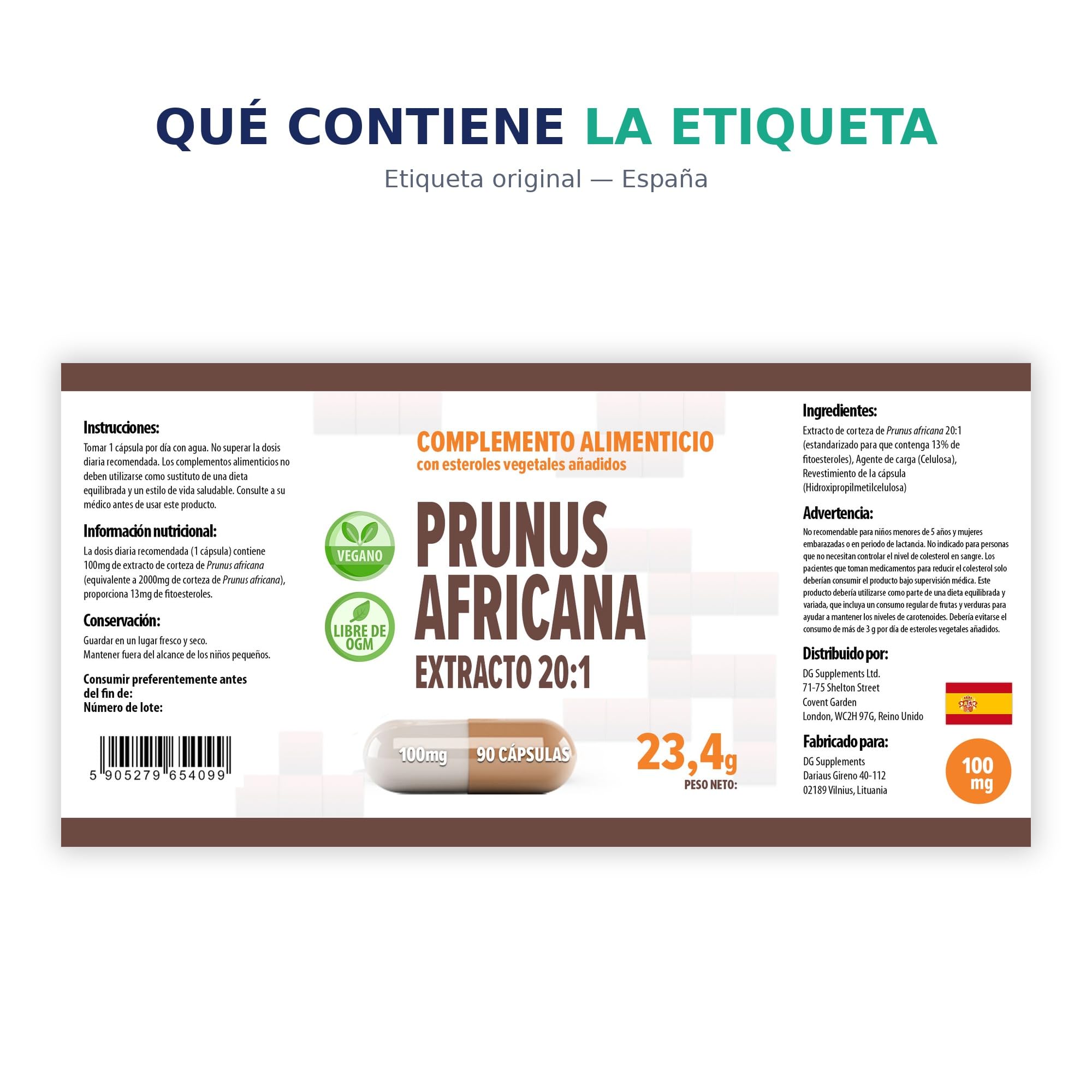 Hepatica Pygeum Africanum 2.000 mg Equivalente | Extracto de Corteza 20:1 de 100 mg | Estandarizado al 13% de Fitoesteroles | 90 Cápsulas Veganas | GMP & laboratorio independiente