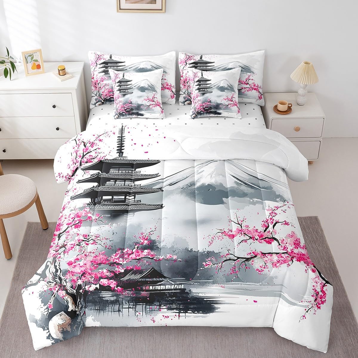 Feelyou Japanese Fuji Mountain Bedding Set Pink Cherry Blossom Chureito Pagoda Comforter Set Queen Size 7 Pieces for Boys Girls Sakura Flower Bed in a Bag Bed Set with Comforter Sheets Pillow Cover
