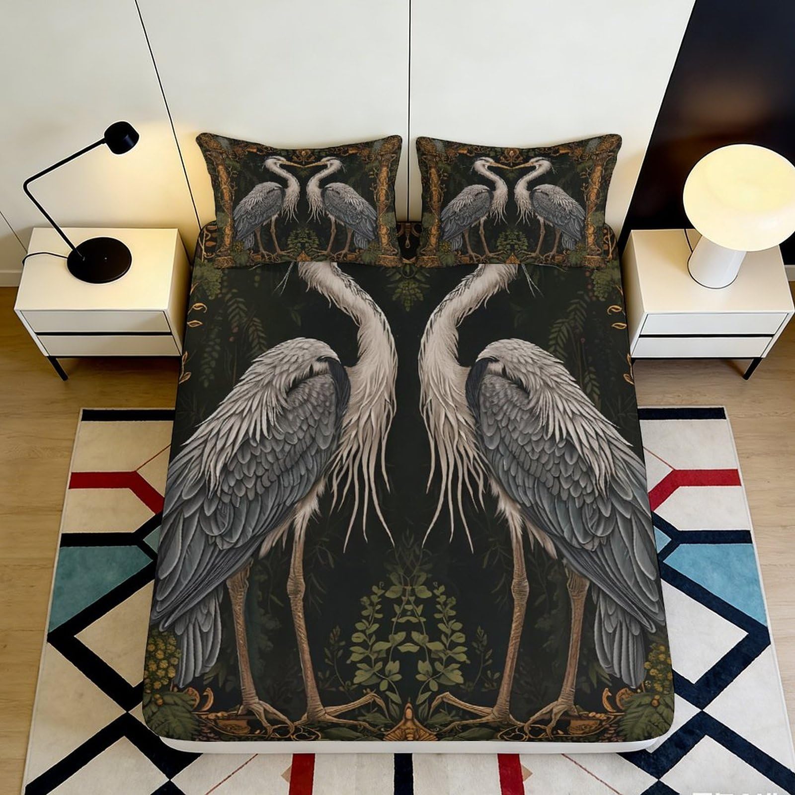 3D Printed Elegant Crane Fitted Sheet Microfiber Soft Breathable Vintage Heron Mattress Cover for Bedroom Decor Protection 90x200x25cm