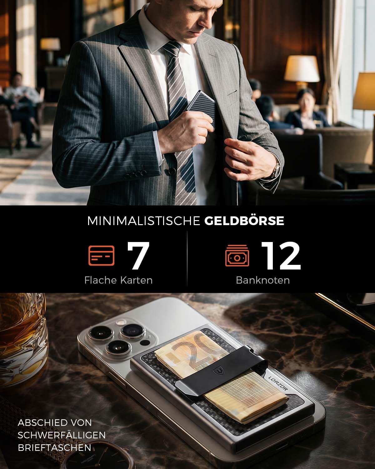 LORZOR Slim Wallet aus Militär-Kohlenstofffaser, Minimalistische Geldbörse mit abnehmbarem Geldclip, Kartenetui Herren rfid schutz Portmonee, Brieftasche Herren kreditkartenetui für 7 Karten, Geschenk