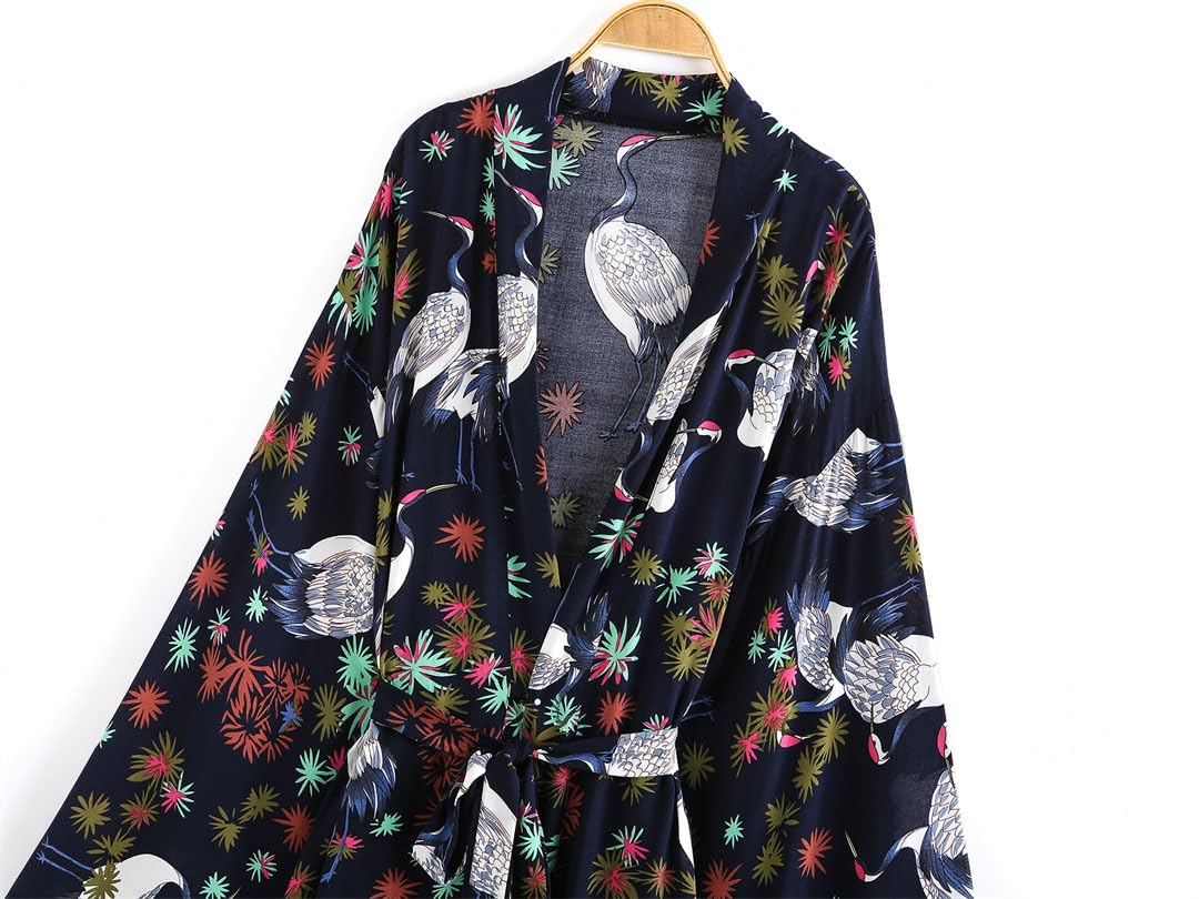 Batas vintage kimono botánico coberturas casual kimonos mujeres tops sueltos capas de playa, azul marino, L