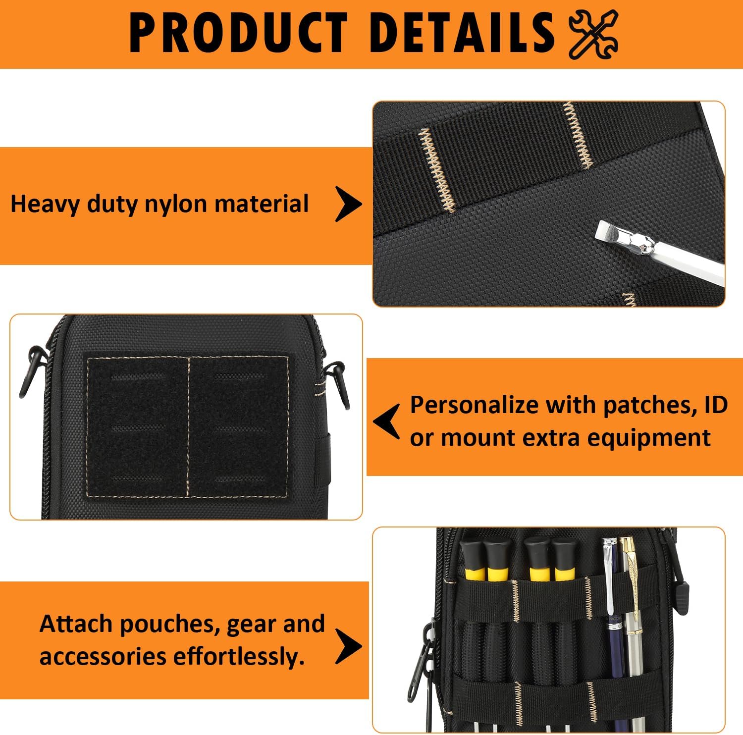 Portable Small Tool Bag, Tactical Tool Pouch Utility Organizer Case for Men | 12 inch Heavy Duty Tool Bag with Zipper, Handle & Strap for EDC, Motorcycle, Road Bike, Electricians