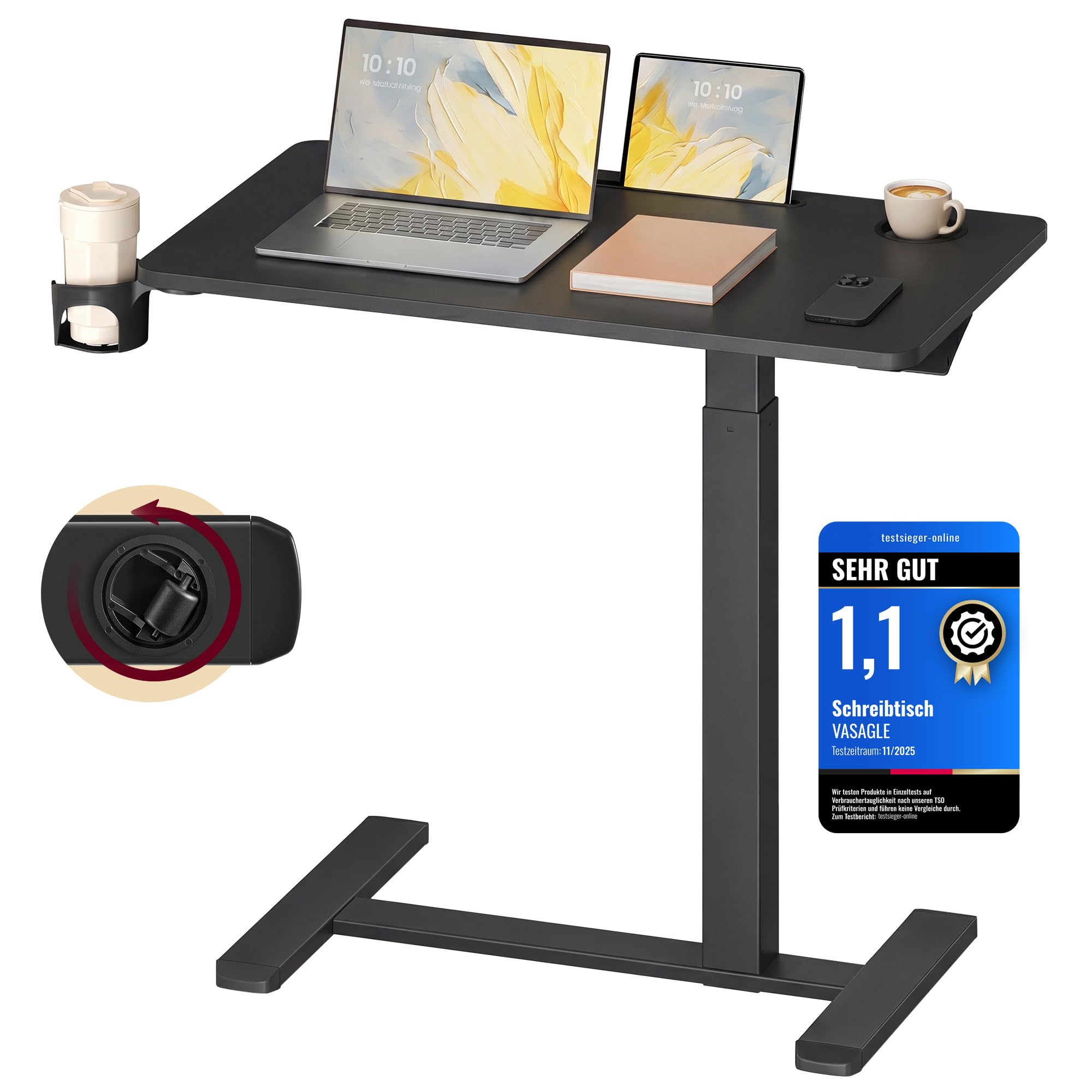 VASAGLE Beistelltisch mit Rollen, mobiler Stehtisch, 80 x 45 cm