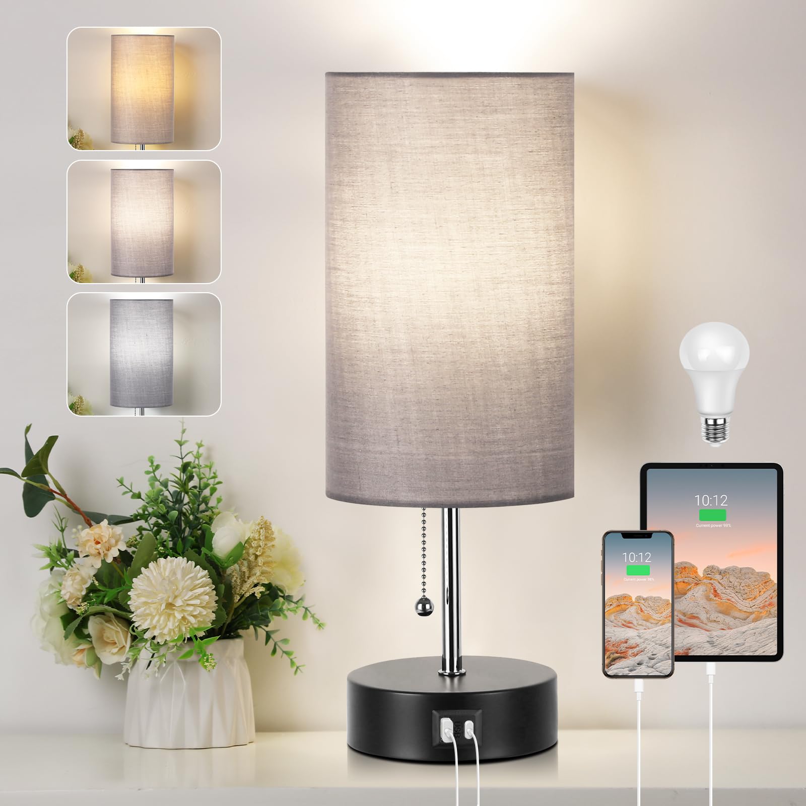 ROTTOGOON 3 Farben Temperatur Nachttischlampe mit USB A und C Anschluss Tischlampe für Schlafzimmer mit LED Glühbirne Kleine Lampen für Wohnzimmer (Grau)