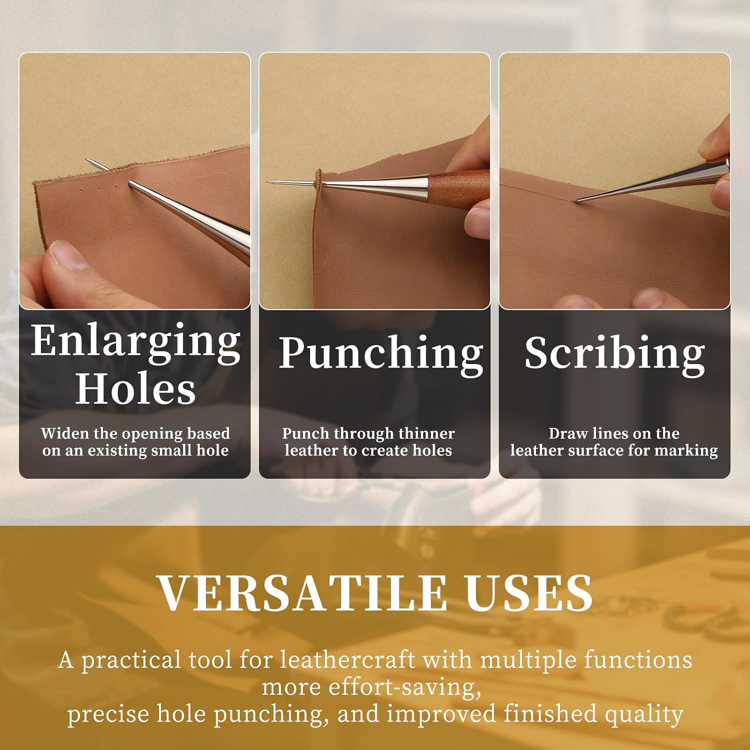 3 PCS Sewing Awl, Leather Awl Tool Tools with Wooden Handle, Scratch Awls, Leather Hole Punch Tool for Punching Stitching Book Binding Leather Craft