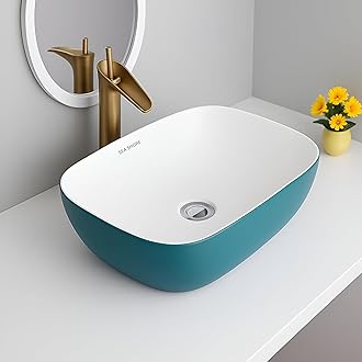 SEA SHORE Imported Designer Ceramic Wash Basin – Cyan & White Table Top Over Counter Vessel Sink (18 x 13 x 5.5 Inch)