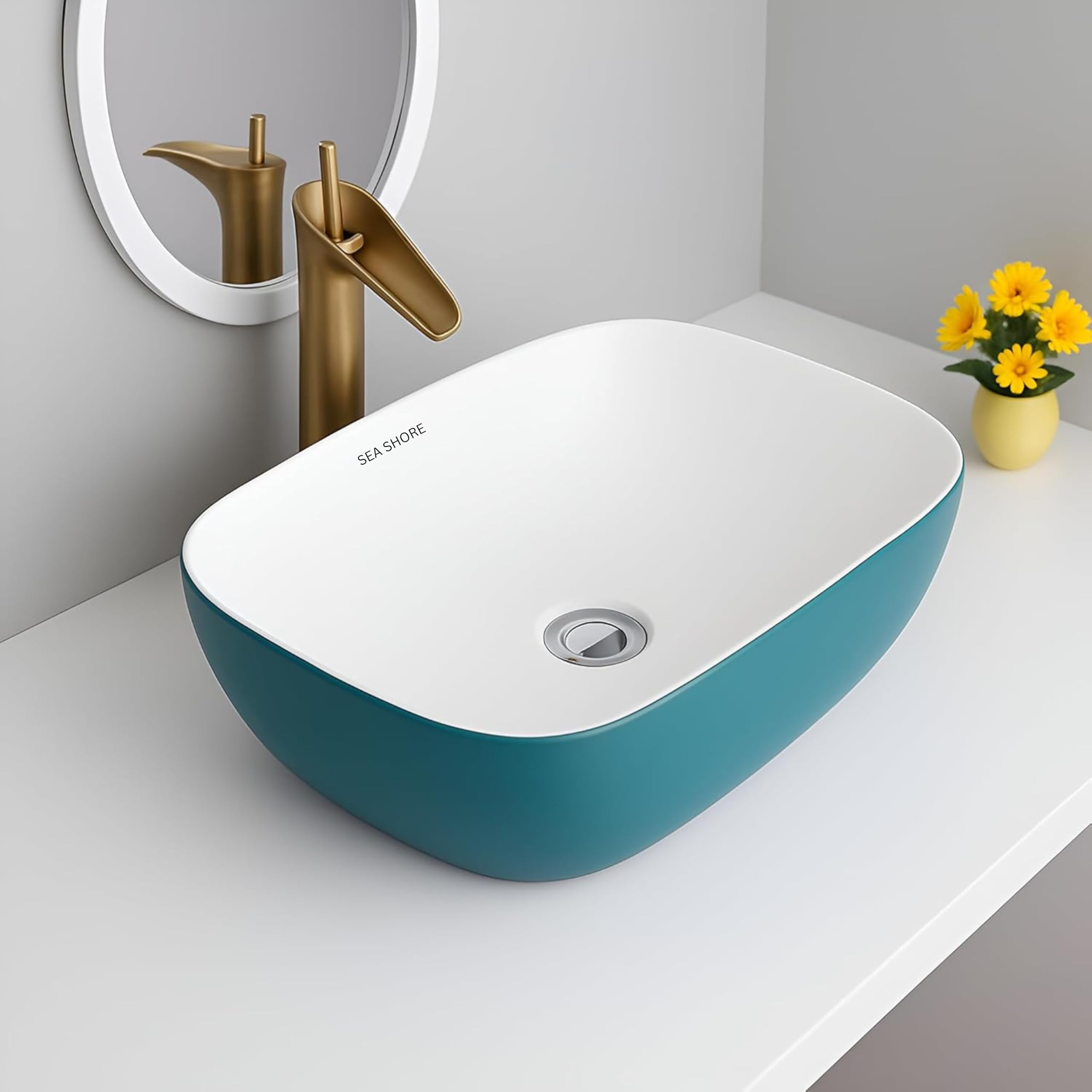 SEA SHORE Imported Designer Ceramic Wash Basin – Cyan & White Table Top Over Counter Vessel Sink (18 x 13 x 5.5 Inch)