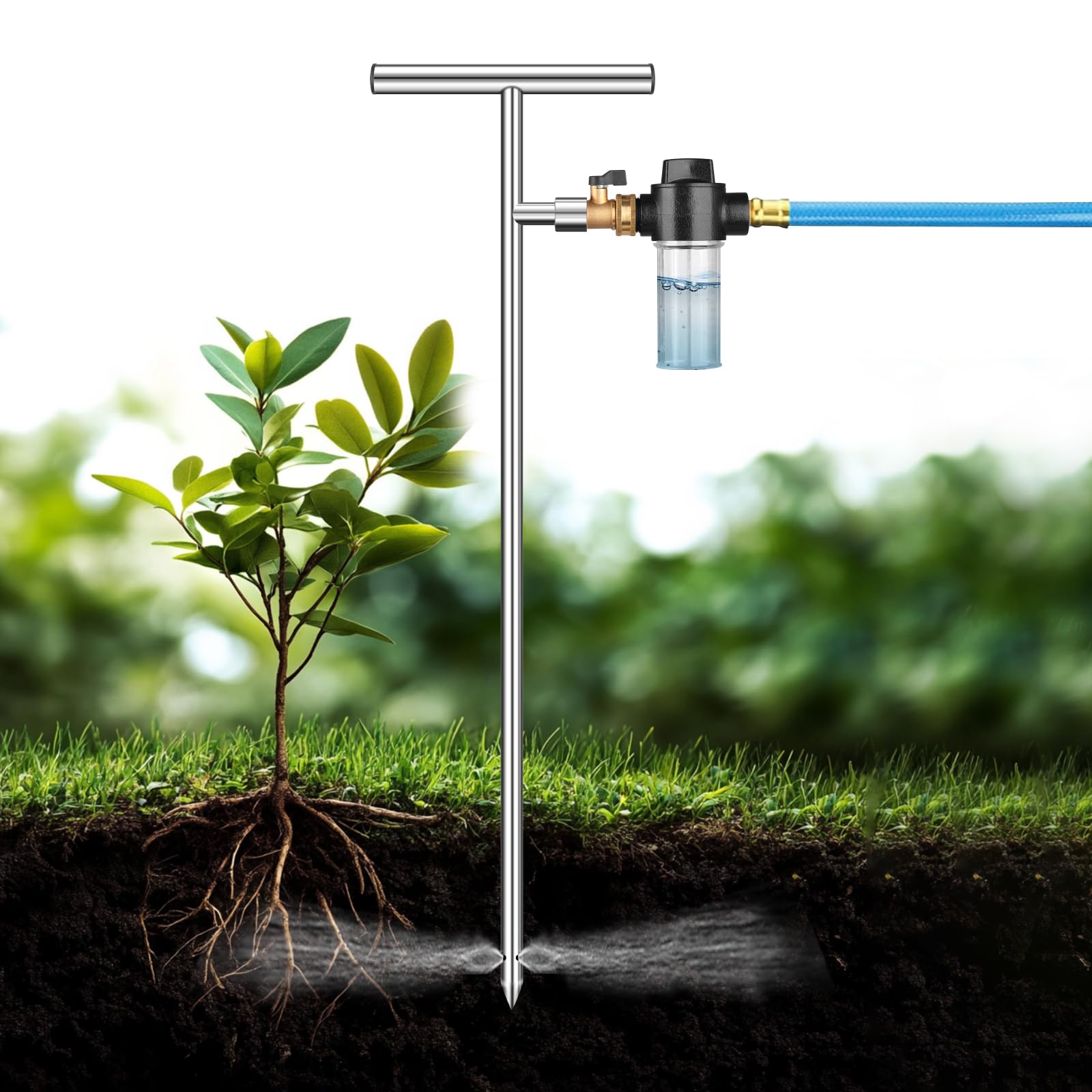Système d’Arrosage Profond en Acier Inoxydable, 81,3 cm avec Bouteille d’Engrais et Valve en Laiton, Poignée en T, Outil d’Irrigation pour Plantes, Légumes, Fleurs, l'agriculture (Plata + Negro)