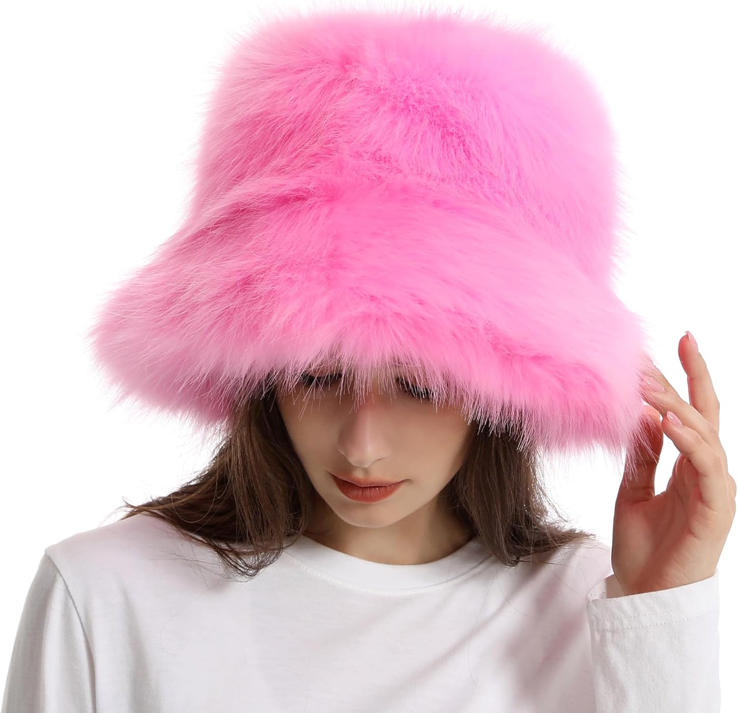 Fuzzy Bucket Hat for Women Winter Fluffy Furry Plush Faux Fur Hats Rainbow Cute Women's Bucket Hats - Image 2