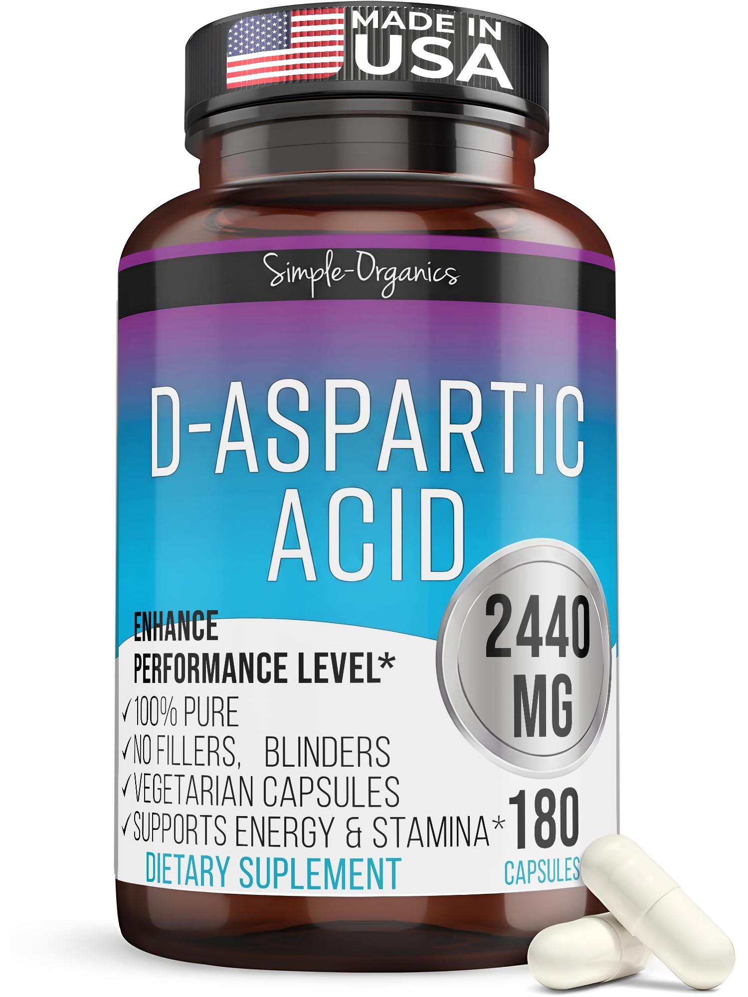 Simple-Organics D-Aspartic Acid Supplement, No Gluten, Binders or Fillers, Dietary Pills for Energy Support, 3000mg D-Aspartic Acid per Serving, 180 Non-GMO Vegan Capsules