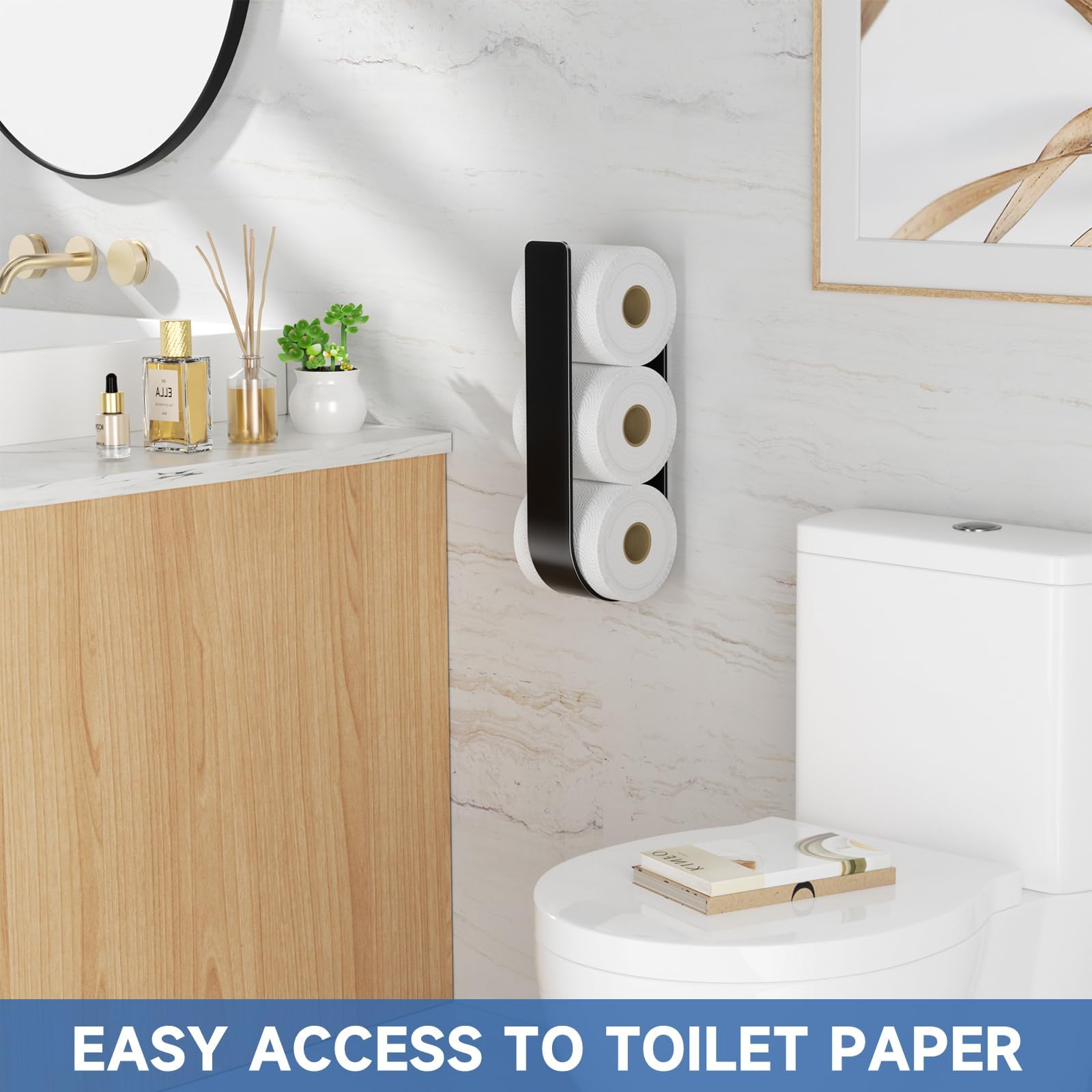 Soporte de pared para almacenamiento de papel higiénico, soporte de almacenamiento de papel higiénico adicional para 3 rollos, soporte de rollo de metal adhesivo para caravana, baño, negro 9