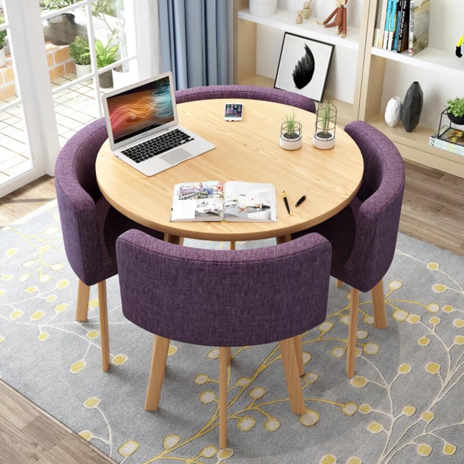 Small Dining Table Set, Round Dining Table and Chairs Set 4, Office Reception Room Club Table and Chair Set, Space-Saving Meeting Room Table for Home Living Room Balcony Cafe