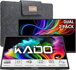 Kado Configuração de monitor duplo portátil – pacote com 2 extensores de monitor triplo IPS de 15,6 polegadas 1080p para laptop, alto-falantes embutidos com suporte HDMI USB-C 180° 1920 x 1080