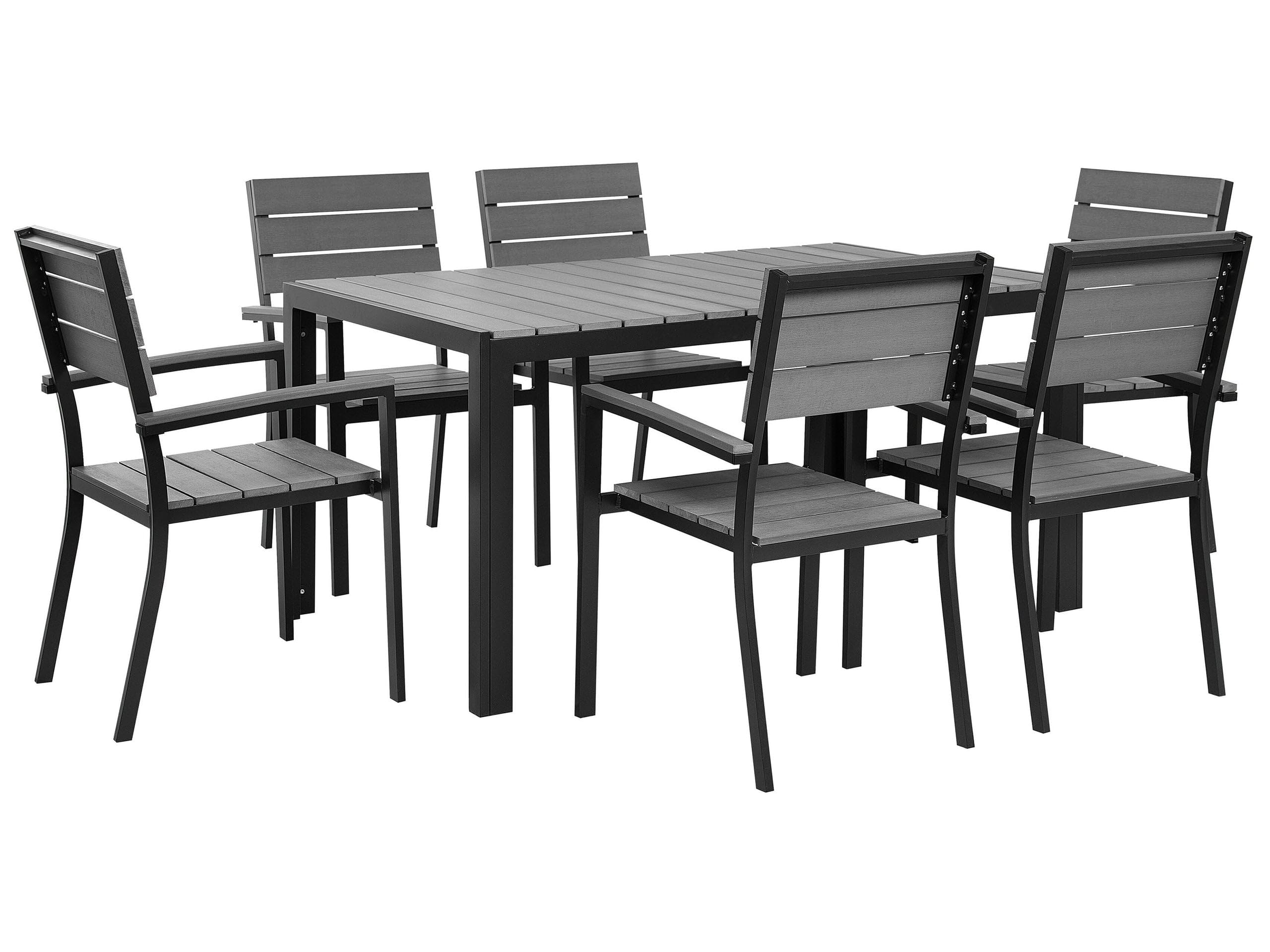 Beliani Gartenmöbel Set 7-teilig Aluminium schwarz Kunstholz grau Tisch 6 Stühle Como