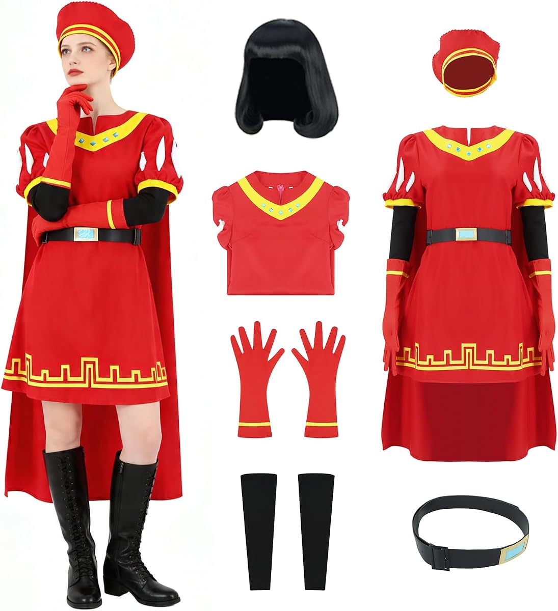 Women Farquaad Costume Dress,Farquaad Red Cloak Top Robe with Hat Gloves Wigs Halloween Cosplay Full Set