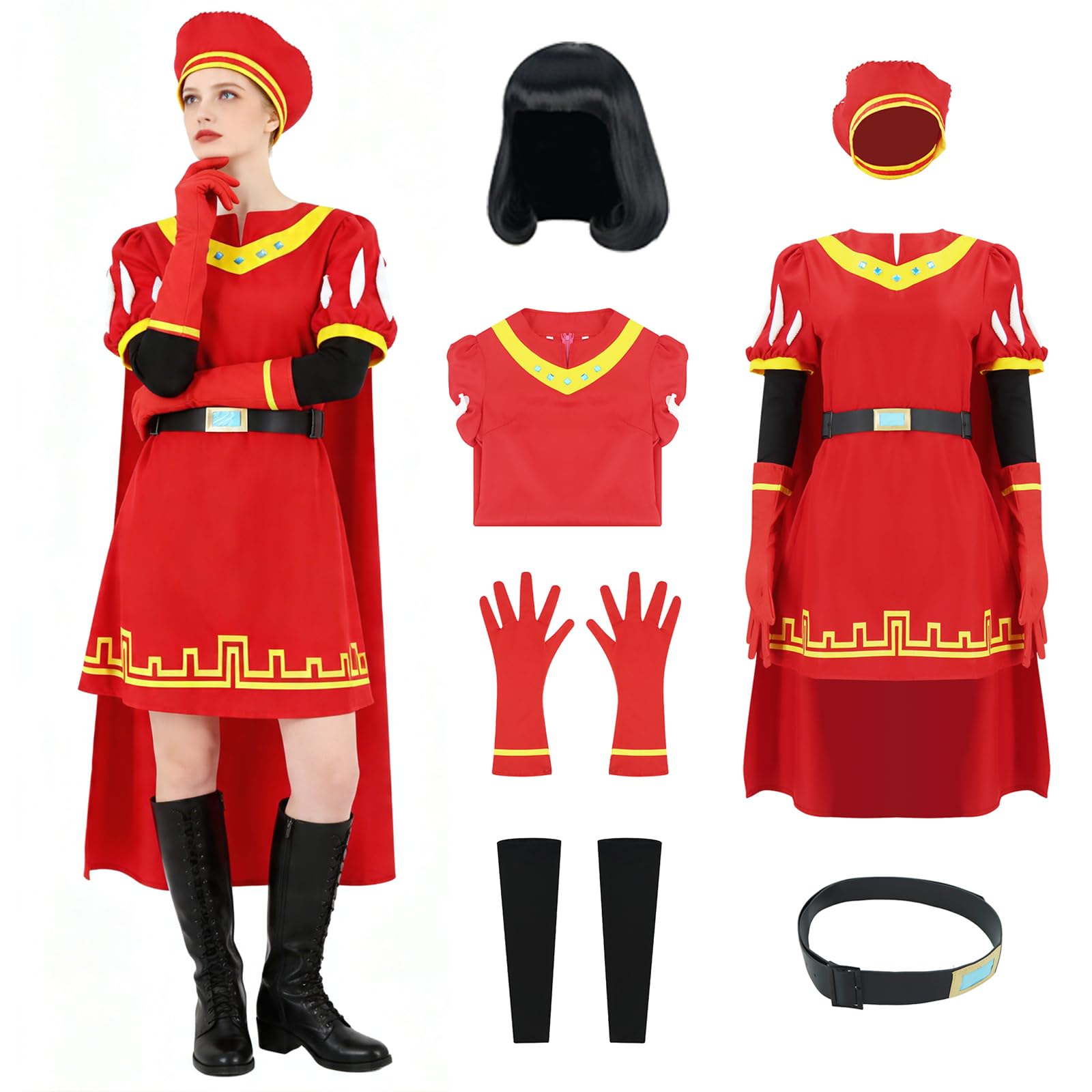 Women Farquaad Costume Dress,Farquaad Red Cloak Top Robe with Hat Gloves Wigs Halloween Cosplay Full Set