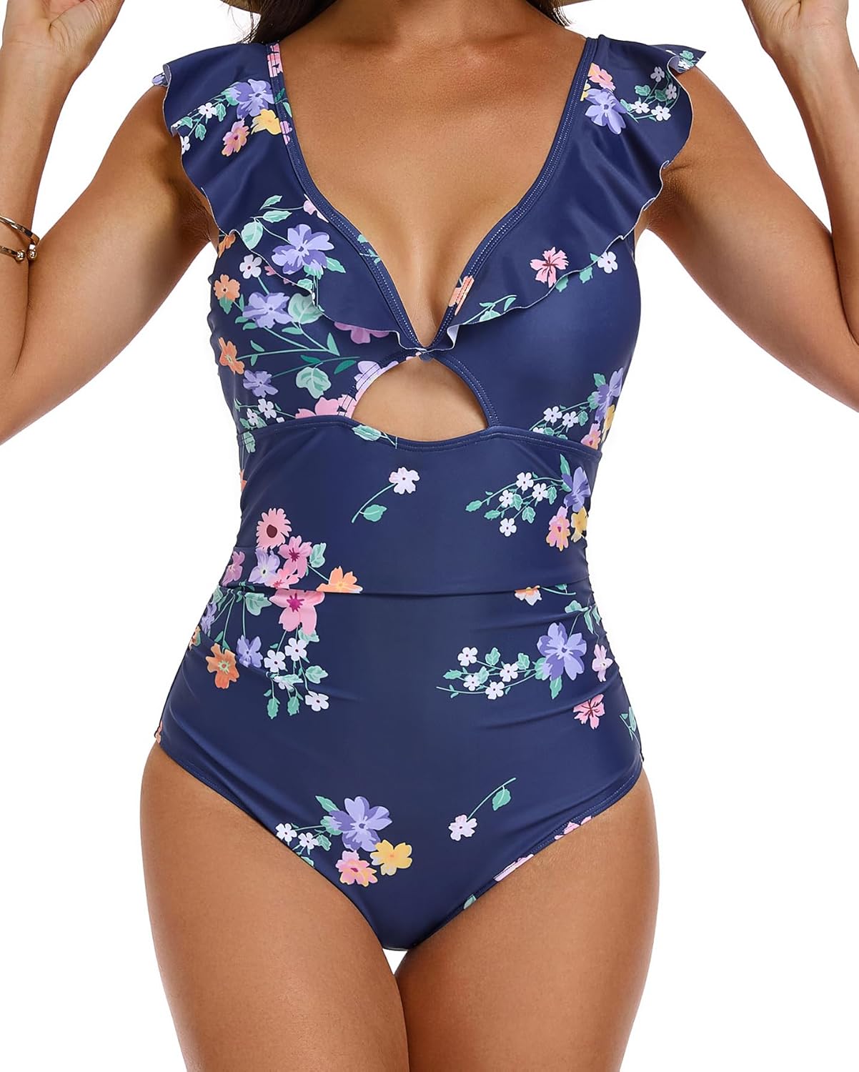 Women's One Piece Swimsuit Tummy Control Ruffle Bathing Suit Plung V-Neck Lace Up Swim Suit Cutout Swimwear