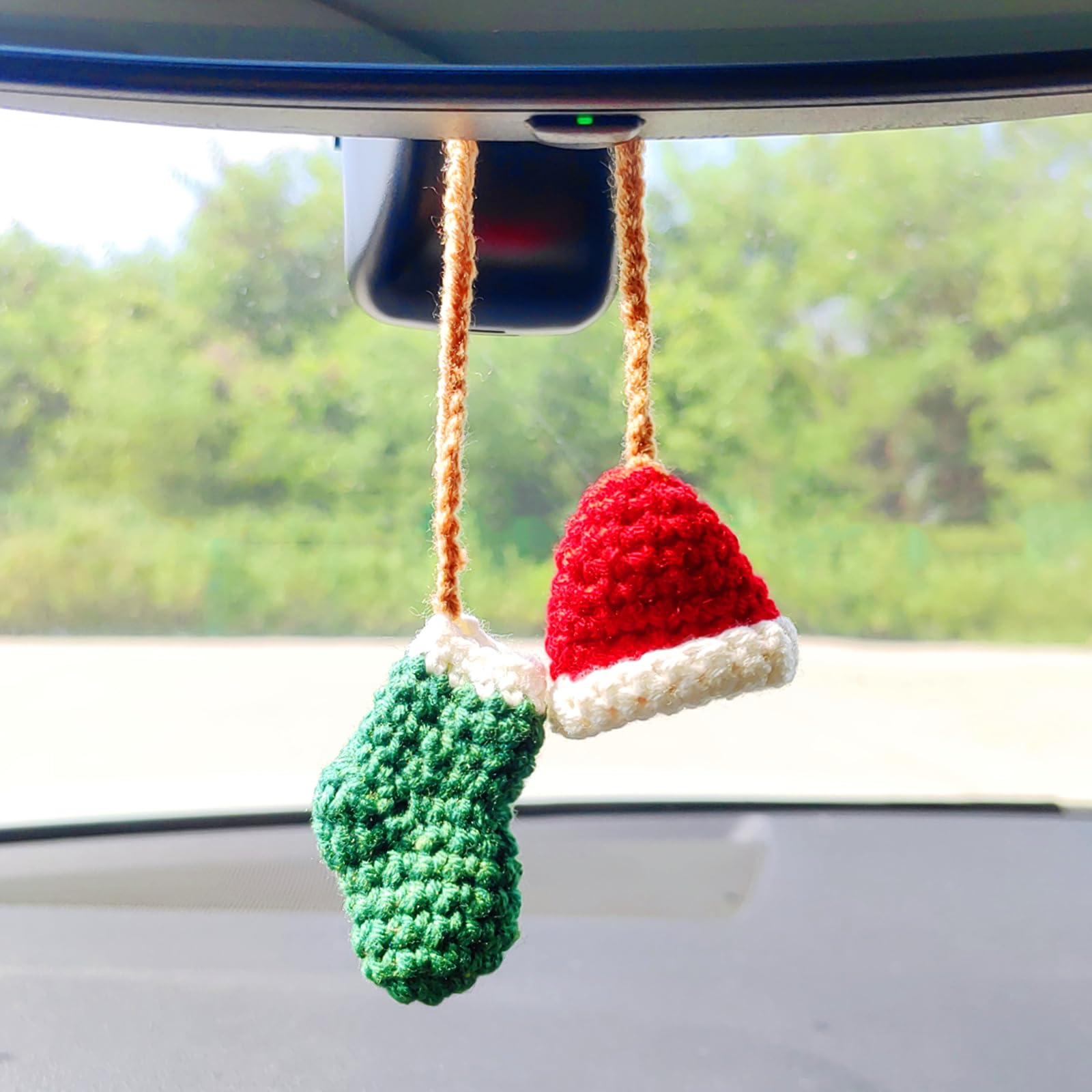Handmade Hat and Stocking Rear View Mirror Accessories Cute Crochet Decoration Car Mirror Hanging Accessories Car Hanging Ornament