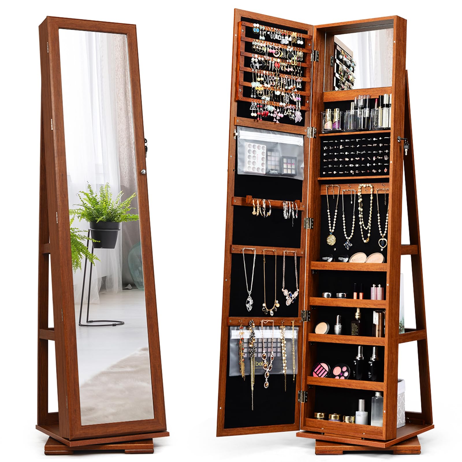 COSTWAY Armadietto Portagioielli Autoportante Girevole con Specchio, Specchio a Figura Intera Organizzatore per Gioielli, Porta Richiudibile a Chiavi (Marrone, 39 x 39 x 161 cm)
