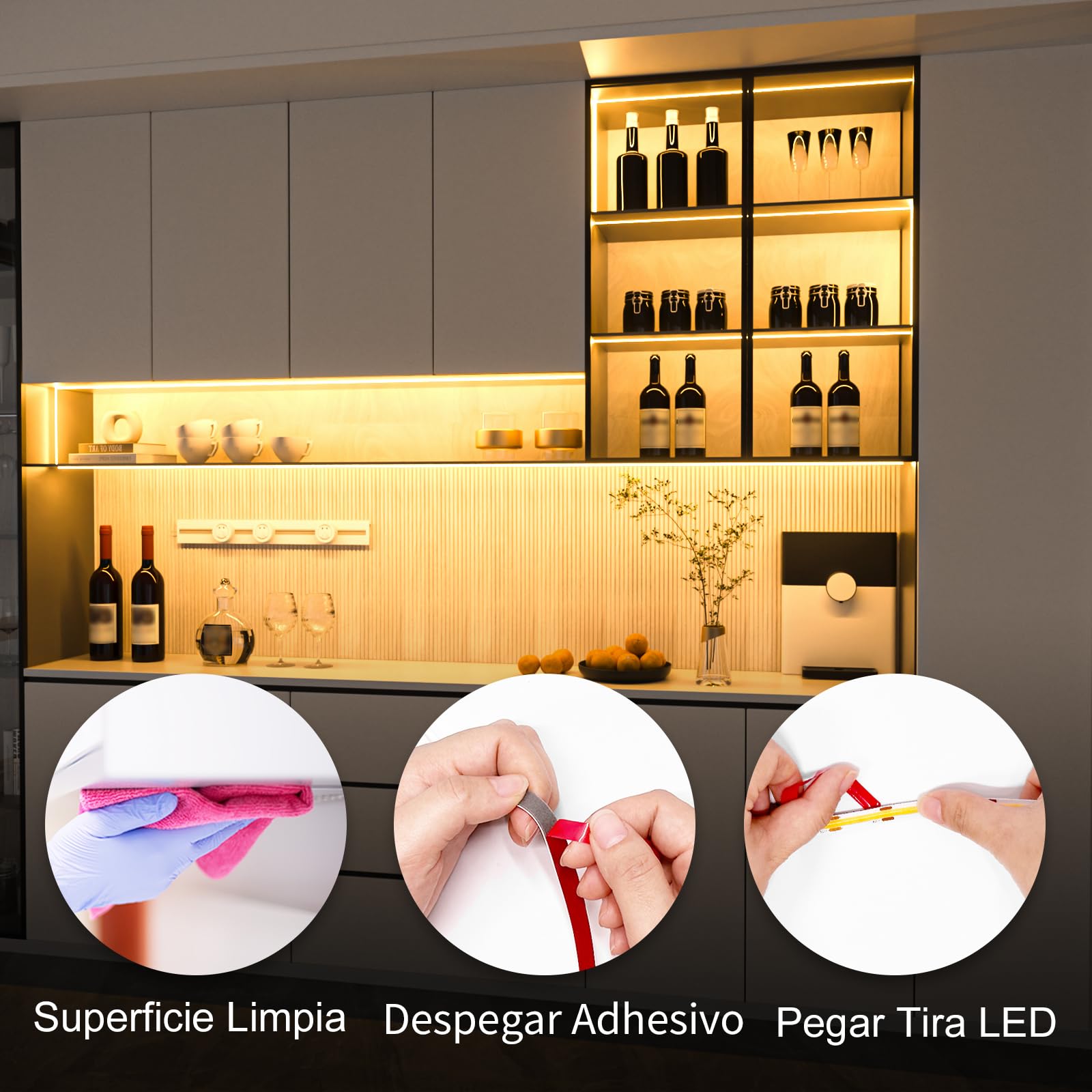 WOBANE Tira Led COB Blanco Cálido 3000K, Luces Led 3 Metros con Control Remoto Regulable,Tiras Led Cocina Bajo Mueble con Alimentación para Habitacion,Escaparate,Gabinete