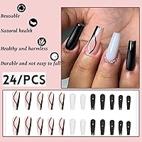 Vista 5 de Uñas postizas largas a presión, uñas postizas de bailarina con pegamento en uñas moradas, líneas negras y blancas, diseños de diamantes